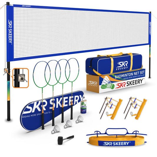 SKEERY Professional Badminton Set with Winch System,Portable Badminton Net Includes Carbon Aluminum Badminton Rackets Set of 4,3 Shuttlecocks and Carrying Bag,Badminton Sets for Backyards,Beach