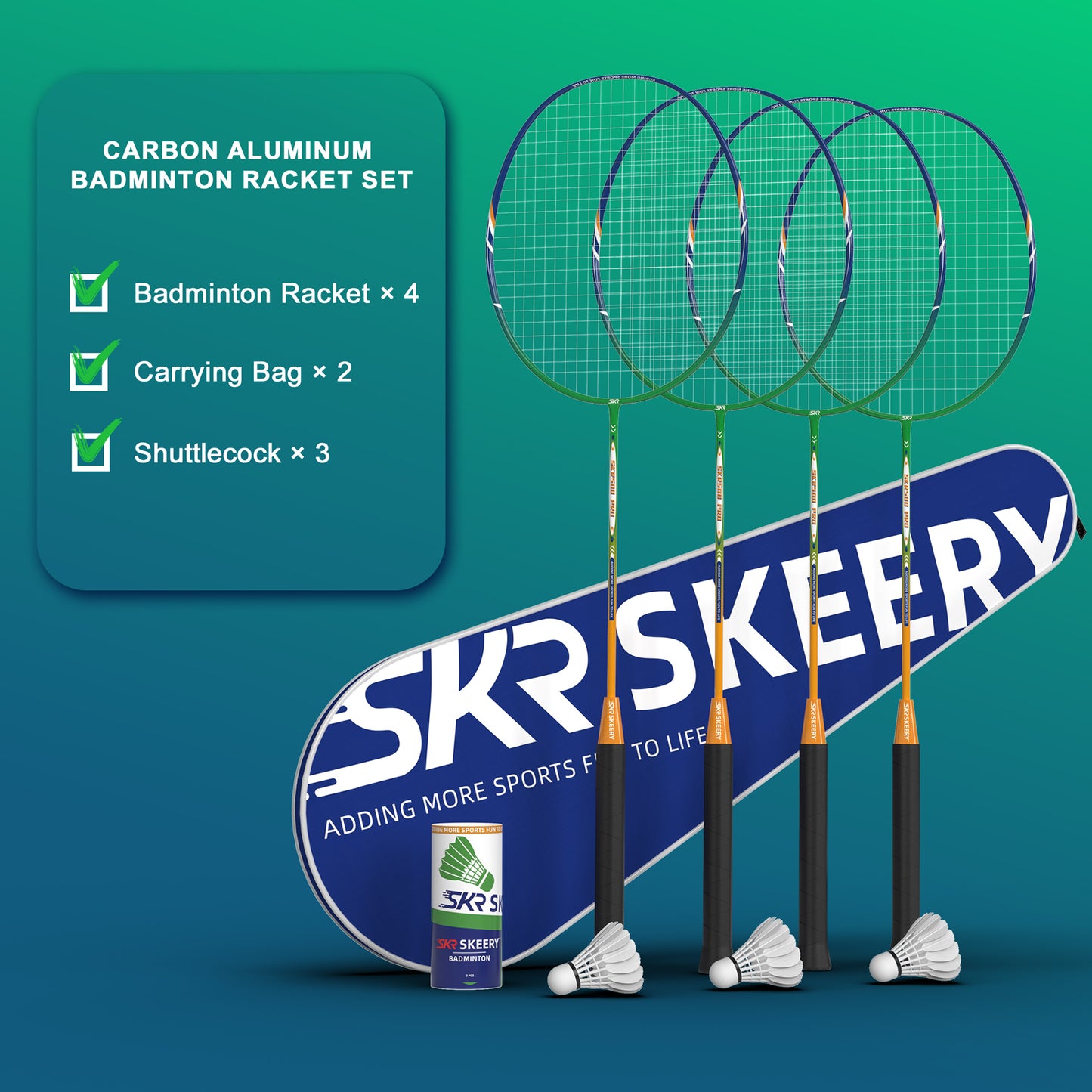 SKEERY Professional Badminton Set with Winch System,Portable Badminton Net Includes Carbon Aluminum Badminton Rackets Set of 4,3 Shuttlecocks and Carrying Bag,Badminton Sets for Backyards,Beach